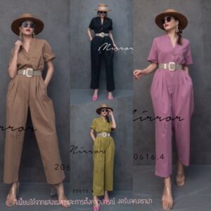 V1 ViVA VinTagE JumPSuiT พร้อมเข็มขัดชิคๆ จั้มสูทแขนสั้น จั้มสูทวินเทจ สีพื้นทรงเก๋ คอจีนแหลม กางเกงตีเกล็ดขากระบอก