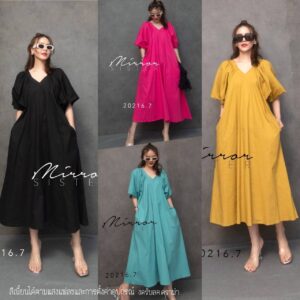 CH ViVa iN KoreA Maxi DresS เดรสคอวี กระโปรงบานทรงเอ เดรสแขนบาน เดรสทรงหลวม สาวอวบใส่ได้ ใส่สบาย เดรสน่ารักๆ