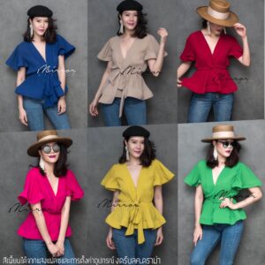 V1 Lightly Sexy Pleat Top เสื้อพลีท คอวี สีสดใส เสื้ออัดพลีท แขนเด้ง แขนระบาย ใส่ได้สองแบบผูกโบว์ด้านหน้าหรือไขว้โบผูกด้
