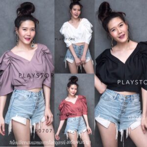 SX SweeTie iTeM CroP ToP เสื้อครอป ดีเทลเริ่ด คอวี จับทวิสจีบๆที่ตัวเสื้อ ซิปหลัง เสื้อสุดเก๋ เสื้อไหล่ยก แมชง่าย