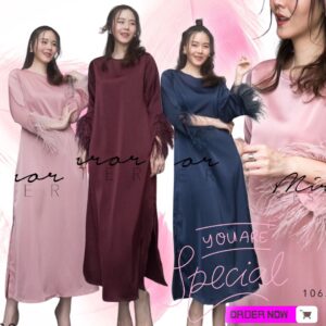 Mirror Sister FT V3 Lighly FeatheR Silk SatiN Plain DresS เดรสขนนก เดรสซาติน ผ้าซิลค์ซาตินสวยชิคด้วยกิมมิคขนนกที่ปลายแขน