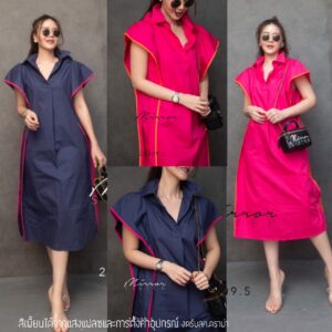 SM 2ToneS MinimaL SporTY DRESS เดรสเชิ๊ต เดรสมินิมอล เดรสเชิ้ตเก๋ แขนระบายกุ๊นสลับสี แถบกุ๊นยาวสองข้างลำตัว ชิคๆ