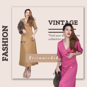V2 Ceo Vintage Xcollar A line Dress เดรสอกไขว้ แขนสั้น เดรสสีพื้น ทรงเอสอบ แต่งกระดุมเรียงด้านข้าง ดีเทลเรียบเก๋