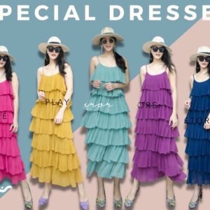 Beachy 7 Layers Pleat Maxidress ชุดเดรสพลีทชั้นๆ เดรสสายเดี่ยวระบายพลีท สีสวยสด ชุดไปทะเล พริ้วๆ เดรสขนมชั้น 7ชั้น