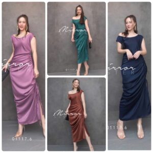 เดรสหุ่นเพรียว เดรสทรงเก๋ ดีไซน์สวย สามารถทำไหล่ตกข้างนึง เนื้อผ้าซิลล์ซาตินผสม ใส่สบายชายเฉียง เชือกย่น