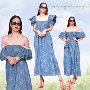 Le' Rosey RoSE DENiM DReSS เดรสยีนส์ คอเหลี่ยม ผ้ายีนส์ฟอกสวยpremium textureลาย ดอกกุหลาบ แขนระบายบานน่ารัก