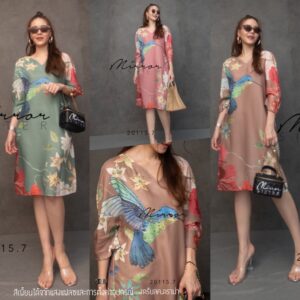 V2 Hummingbird In Natural Dress เดรสคอวี เดรสสั้นลายนก ฮัมมิ่งเบิร์ด เดรสลายดอก ทรงหลวมใส่ง่าย ใส่สบาย ใส่ได้บ่อย