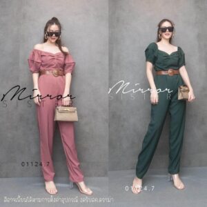 ( ) (no belt) Retro SimplePuFF JumpsuiT สวยน่ารัก ด้วย จั้มสูทขายาว แขนตุ๊กตา ทรงกระปุก อกเว้าจับจีบ ดึงไหล่ ลงมาใส่แบบ