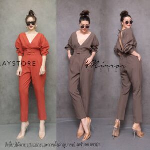 SM ChiC Chichi Jumpsuit ชุดจั้มสูท ชุดกางเกงทรงเท่ๆ เสื้อทรงคอวีไขว้ ด้านหลังVแหลม ช่วงเอวแต่งสม๊อก กางเกงทรงเดฟเท่ๆ
