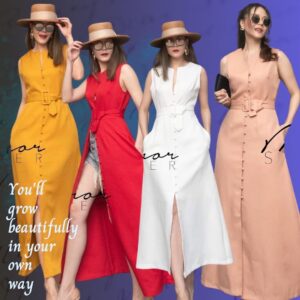 Classy Look Maxi Dress เดรสหุ่นเพรียว เดรสยาวแขนกุดทรงสวย คอผ่าแหลม ดูโปร่งไม่ตัน แต่งกระดุมเรียงผ่าหน้า