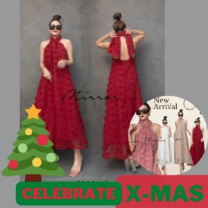 (ธีม X-Mas) XM v2 LuxurY FluffY biT of SexY DreSS เกินปุ้ยมุ้ย เดรสคล้องคอ ผ้ามีลายดอกไม้นูนปุยๆ เดรสไขว้คอ