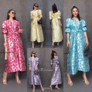 LX TuliP GardeN LuxurY DreSS เดรสลายดอกทิวลิป คอวีแหลม ผ้ามี texture ลายนูน ลักชูรีสุดๆ แขนแต่งสม๊อก