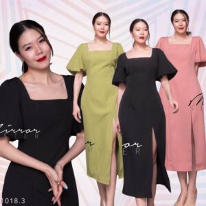 (นางแบบ ใส่ ชุด ขาย) CEO Femme Risa Square Dress สวยหวานสมาร์ท เดรสคอเหลี่ยม ทรงตรง แขนพองน่ารัก กระโปรงทรงตรงผ่าหน้า