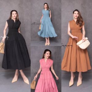 (NEWspecialPrice) Gan.Greta DReSS เดรสแขนกุด ทรงย้วยบาน ดีไซน์น่ารัก แขนกุดคอผ่า ไหล่จับย่นมีดีเทล เอวสม็อก ยืดได้