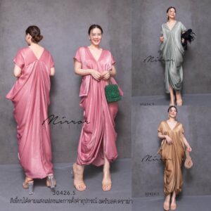 AoRa oN YoU SilKy Silk SatiN DreSS เดรสซิลค์ซาติน เดรสทรงคุณนาย เดรสซาตินเล่นแสง เนื้อผ้าซิลค์ คอวี แขนสั้น ทรงหลวม