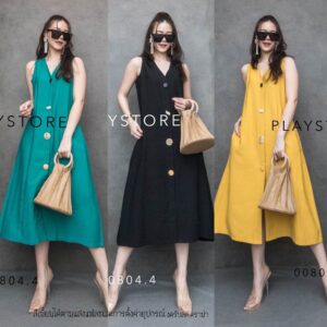 (PROMOTION) V3 Showy Button Gimmick Dress เดรสแขนกุด กระโปรงทรงเอ มีกิมมิคที่กระดุมต่างกันสุดเก๋ เดรสคอวี กระดุมผ่าหน้า
