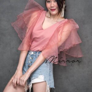 SweeT ButterflY ToP เสื้อแขนระบายผ้าแก้ว ผ้าไม่คัน สวยหวาน เสื้อคอวีแขนระบาย 2 ชั้นทรงผีเสื้อ น่ารัก สวยเสริมเสน่ห์