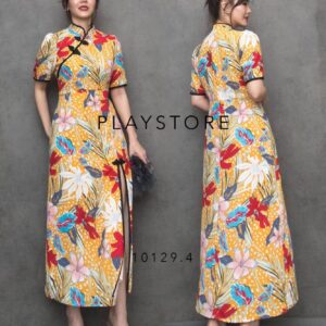 (นางแบบ ใส่ ชุด ขาย) Modern Qipao Chinese Dress กี่เพ้า ชุดเดรสคอจีนลายดอก แต่งกระดุมหลอกเฉียง แขนพองนิดๆ สไตล์โมเดิร์น