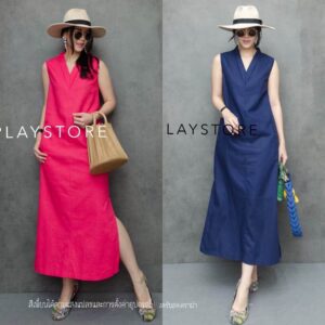 VC V V2 ClassiC SeA Beach Maxi DreSs เดรสยาว เดรสคุณนาย แม็กซี่เดรส เดรสคอวี เดรสแขนกุด เรียบคลาสสิก ใส่แล้วหุ่นดี