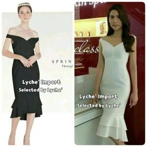 (ภาพวางพื้นถ่ายจากของจริง) pa tin ya Charming Romatic Dress เดรสเปิดไหล่ ทรงหางปลา แบบเชอรี่ ดูเก๋ ลุค expensive