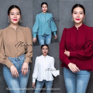 SM Femme Charm BlousE เสื้อคอจีน เสื้อเรียบเก๋ เสื้อสวย เสื้อไหล่ยก แขนยาวพองเบาๆ แต่งกระดุมเรียง แพทเทิร์นน่ารัก