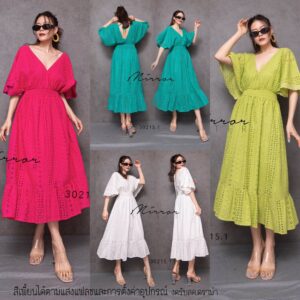 SW VV ViVa ButterFly Embroid DRess เดรสผ้าฉลุ เดรสผ้าลูกไม้ เดรสคอวี วีหน้าวีหลังสุดเก๋ ด้านหลังมีโบผูก เดรสลูกไม้ฉลุ