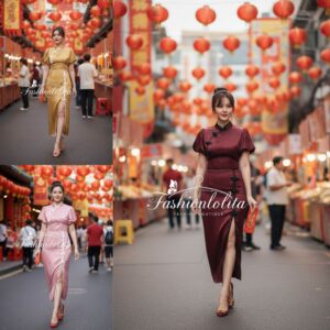 JINRUI (金瑞) Puffy Qipao Dress เดรสกี่เพ้าคอจีนสไตล์โมเดิร์น แขนกระปุกน่ารัก ผ้าซาตินนุ่มลื่น ทอลายจุดมี Texture
