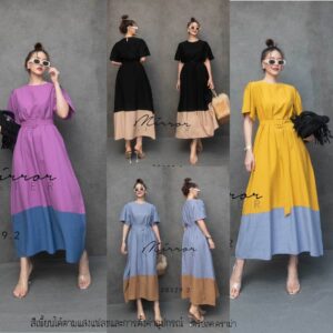 CH 2TonEs ChiC oN ChiLL DaY Maxi DreSS แม็กซี่เดรสสองสี ดีไซน์สุดเก๋ มาพร้อมเข็มขัด เดรสแขนสั้น แขนบานนิด เดรสทรงปล่อย