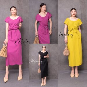 Shape in ScaLLop Dress เดรสทรงสอบ สุดเก๋ มีดีเทลช่วงคอและแขนคัตติ้งหยัก กระโปรงทรงสอบ มีกระเป๋าล้วงได้ พร้อมสายโบผูกเอว