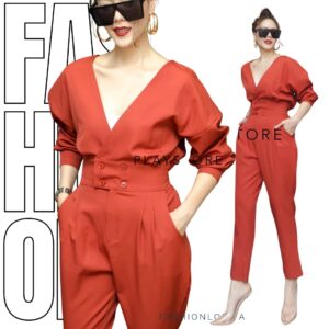 (PROMOTION) ChiC Chichi Quartier Jumpsuit ชุดจั้มสูท ชุดกางเกงทรงเท่ๆ เสื้อทรงคอวีไขว้ ด้านหลังVแหลม ช่วงเอวแต่งสม๊อก