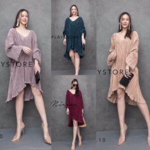 ) Day of FReeDoM Pleat Dress เดรสพลีท เดรสหน้าสั้นหลังยาว ฟรีไซส์ สาวอวบก็ใส่ได้ ทรงโคร่งๆ ใส่ขึ้นมาแล้วเก๋ คอวี