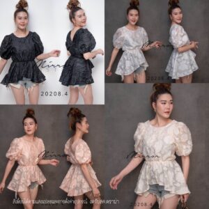 (PROMOTION) FleuR FloweR Doll SweeT Top เสื้อแขนพอง วีหลัง เสื้อผ้าทอลายดอกไม้ ผ้ามี texture ลายนูน ช่วงเอวยืดได้