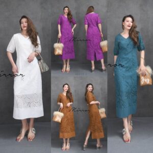 (Hot pro) (นางแบบ ใส่ ชุด ขาย) Emmy embroidery DReSS เดรสลูกไม้ปักฉลุ คอวีแขนสั้นทรงเรียบดูดี คอกุ๊นแถบสวย มีซับใน