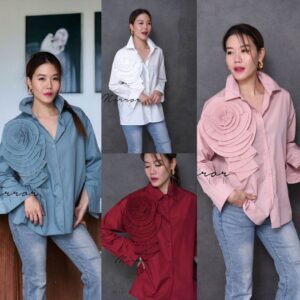 (สีฟ้า) (PROMOTION) V2 Neatly Pleat Rose FLoRAL Top เสื้อแต่งกุหลาบ เสื้อเชิ้ต สไตล์บูทิค ดอกไม้สามมิติ สุดปราณีต