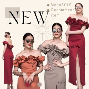 (MegaSALE) LX Switch YoU tO StaR In ParTY Maxi dreSS แม็กซี่เดรส เดรสปาดไหล่ แต่งระบาย มีแถบยางที่ขอบเกาะอกแน่นกันหลุด