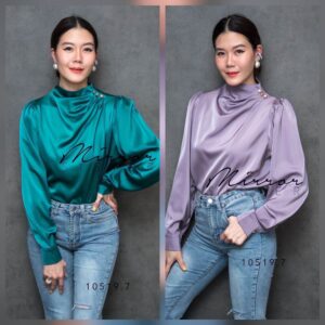 LX CeleB High Neck Satin Top เสื้อซิลค์ซาตินลุคคุณหนู-เซเลบ หรูเบาๆ แต่ดูแพงมาก เสื้อคอตั้งดีไซน์สง่า จับทวิสช่วงคอ
