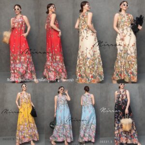 FW FloweR iN MorNinG Maxi DreSS เดรสยาวแขนกุด ลายดอกไม้สวยหวาน ลายดอกลายเชิงเก๋ๆ คอวีผ่า กระโปรงทรงเอ มีกระเป๋าล้วง