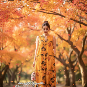 ต่ำกว่าทุนหมดแล้วหมดเลย (นางแบบ ใส่ ชุด ขาย) MIYAGI Vintage Leaf Maxi Dress – สไตล์ญี่ปุ่น เรียบแต่โดดเด่น