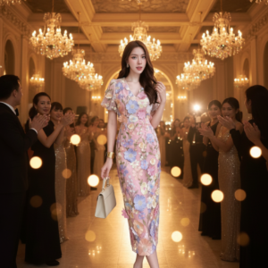 มี2สี (นางแบบ ใส่ ชุด ขาย) LA LA BELLE SO sweet 3D Blossom DresS – เดรสคอวีแขนตุ๊กตา ปักดอกไม้ทั้งชุด + เย็บดอก pop-up