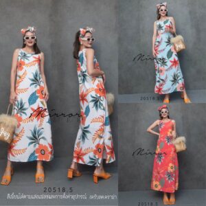 VC Aloha Leaf & FloweR Maxi DreSS เดรสแขนกุด สวยเก๋ ใส่สบาย มาพร้อมผ้าผูก Maxidress แขนกุด เดรสลายดอกไม้ เดรสลายใบไม้