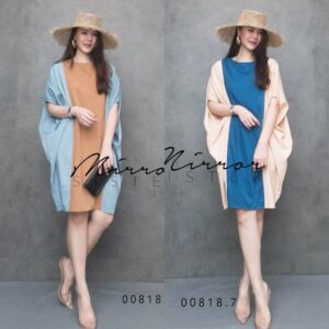 (นางแบบ ใส่ ชุด ขาย) เก๋แบบไม่ต้องพยายาม! 2Tones Cape Shift Dress เดรสทูโทนแขนค้างคาว ดีไซน์เก๋ ใส่สบาย ทรงโคร่งใส่ง่าย
