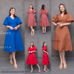 FW EleGanCe ScalloP HeR DreSs เดรสแขนพอง เดรสเข้าเอว เดรสทรงเอ ช่วงเอวตีเกล็ดเข้ารูปทรงสวย เดรสคอวี