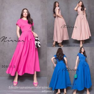 (นางแบบ ใส่ ชุด ขาย) v1 Susy Graham Maxi Dress wth Belt เดรสยาว แม็กซี่เดรสสีพื้น เดรสแขนสั้นตีเกร็ด