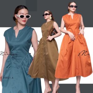 (นางแบบ ใส่ ชุด ขาย) v1 IN Newyork Hip DReSS เดรสทรงเก๋ เดรสคอวีแหลม กระโปรงออกแบบเก๋ๆ ทรงบานจับโค้ง drap
