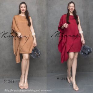 Confidently Madame Silk Satin Dress เดรสซาติน เดรสแขนต่าง ดีไซน์เก๋แขนสองข้างต่างสไตล์ ผ้าชิ้นชายเฉียงใส่แล้วเพรียว