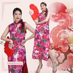 (นางแบบ ใส่ ชุด ขาย) ColorfuL Qipao Chinese mandarin Girl LifE สวยสดใสเฮงๆ กี่เพ้าแขนกุด ลายสวยโดดเด่นสีสวยสด เดรสคอจีน