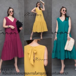 VC BowBack Dress ชุดเดรสคอวี เเรสยาวแขนกุด เก๋ที่โบว์ด้านหลังชุด ชายแต่งระบายน่ารัก ดีเทลเก๋ที่กระเป๋าล้วงที่ชายกระโปรง