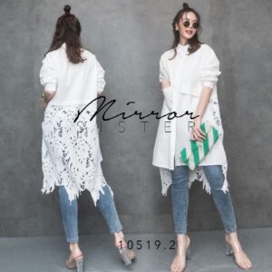 (Last chance) Chic PoP in white LeaF ToP เสื้อตัวยาว สุดเก๋ ลูกไม้ฉลุ ลายใบไม้ เสื้อคอจีนต่อลูกไม้ฉลุด้านหลังเสื้อ