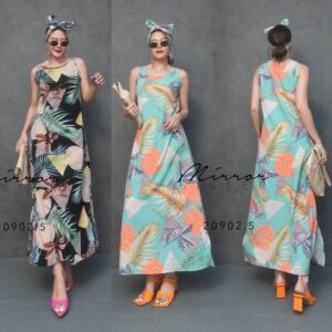 V2 VC LeaF Maxi DreSS oN ChiLL DaY เดรสยาว แขนกุด เดรสลายใบไม้ สุดเก๋ เดรสหุ่นเพรียว ไปทะเลหรือทริปไหนๆก้อสดใส