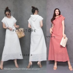 whitetheme V3 SecRet Hoodie DresS เดรสฮูด แขนสั้นทรงน่ารัก มีฮูดเก๋ๆ เดรสยาวผ้าปักฉลุลูกไม้ มีซับในทั้งตัว ใส่สวย